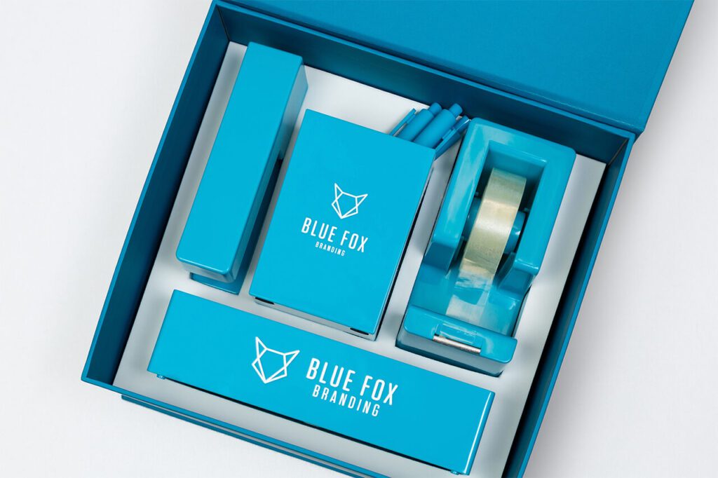 Blue Fox Branding stationary in a blue box