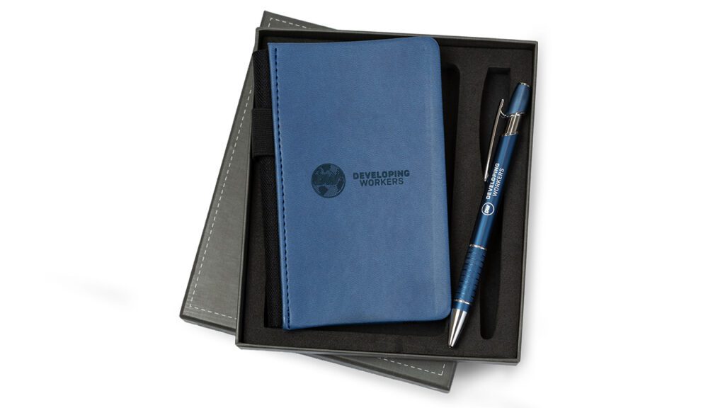 Developing Workers branded notebook and pen
